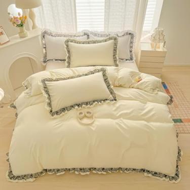 Imagem de IHOUSTRIY Conjunto de capa de edredom de renda preta, 3 peças, amarelo creme, decoração de quarto de meninas, capa de edredom 200 x 228 cm com fronha, edredom não incluído