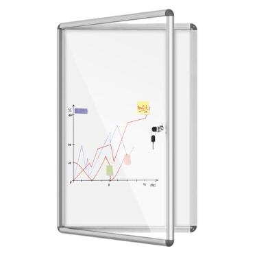 Imagem de Mifuro Quadro de avisos fechado de 91 cm x 61 cm, quadro de avisos de alumínio resistente a intempéries bloqueável para escola e escritório, moldura prateada com quadro branco magnético