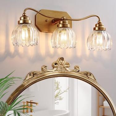 Imagem de CmnVmn Luminárias Vintage Para Banheiro, Luminária Dourada Para Banheiro Com 3 Luzes, Acabamento Em Latão Antigo Fosco Com Cúpula De Cristal, Arandelas De Parede Para Quarto, Sala De Estar E Corred
