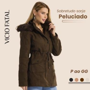 Imagem de Casaco Feminino Sobretudo Lã Batida Forro Peluciado com Capuz Removível-Feminino