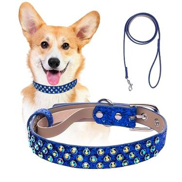 Imagem de Coleira de cachorro de strass, coleiras de diamante brilhante para animais de estimação com guia ajustável, coleira de couro de microfibra cravejado deslumbrante de cristal brilhante fofa para meninas pequenas e médias grandes e gatos