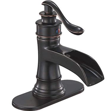 Imagem de Bathfinesse Torneira de banheiro bronze polido a óleo Vanity Sink Torneiras de banho Cachoeira Bico Casa de fazenda Alça única Furo Único Comercial Estilo Antigo Pedestal Pia Coletor Mangueira Sem