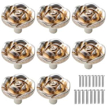 Imagem de Tverghvad Puxadores de armário de flores rosas antigas, [pacote com 8] puxadores de gaveta de rosa vintage de liga de zinco, puxadores decorativos para cozinha, armário, armários e gavetas de cômoda