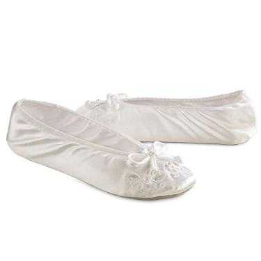 Imagem de isotoner Pantufas femininas de cetim com pérola bordada, Branco, 5-6