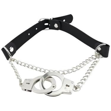 Imagem de Joddfly Colar com pingente de corrente de algema gótica, gola de couro PU, colar gótico punk rock, presente feminino e masculino Y2K