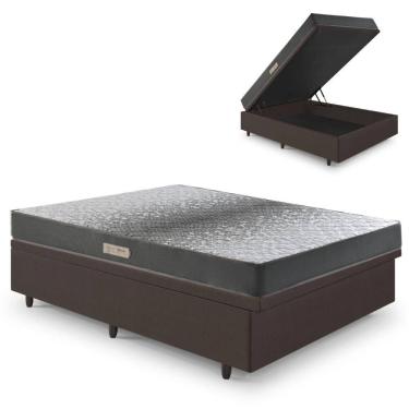 Imagem de Cama Baú Casal 138x188 Courino Linho Marrom com Dual Firm Espuma Ecoflex