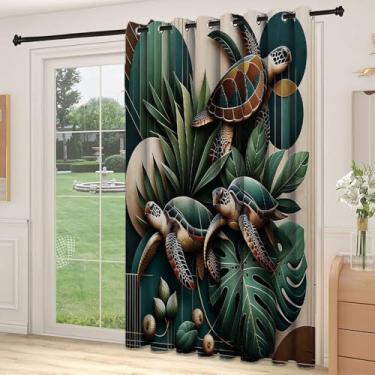 Imagem de Divisória de parede de cortina de sala de tartaruga, estilo de meados do século, folhas de Monstera exóticas natureza marinha cores terrosas, adequado para portas de vidro deslizantes, cortinas