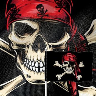 Imagem de YongFoto Bandeira de pirata 1,5 x 2,4 m dupla face serapilheira vermelha chapéu esqueleto caveira ossos cruzados quatro lados costurado cor vívida durável UV resistente ao desbotamento resistente às