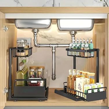 Imagem de Organizador multiuso de 2 camadas sob a pia com 4 ganchos, rack de armazenamento de pia estilo gaveta adequado para cozinhas, banheiros e armários de armazenamento de garrafas de tempero de alimentos