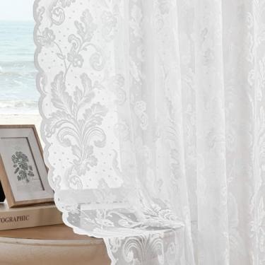 Imagem de Cortinas de renda branca 222 cm de comprimento, 2 painéis, cortinas transparentes florais para sala de estar, cortina de tecido de renda floral vitoriana, bolso para varão, filtro de luz, cortinas