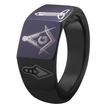 Imagem de CLOUD DANCER Anel maçônico clássico de 12 mm de largura em tom preto com ferramentas de trabalho maçônico masculino - Gravação personalizada gratuita, Metal, não