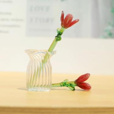 Imagem de Vaso minúsculo com mini flores de vidro feitas à mão, decoração de flores artificiais de cristal, estátua vintage para casamentos, decoração de figuras elegantes para casa e escritório (1 vaso e 2