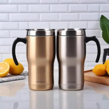 Imagem de Caneca Térmica Parede Dupla em Aço Inox Bege 800ml com Tampa Rosqueável - Estilo Liso