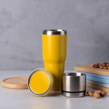 Imagem de Copo Térmico Parede Dupla em Aço Inox Amarela 350ml com Alça Ergonômica - Estilo Liso