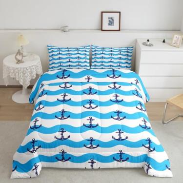 Imagem de jejeloiu Jogo de cama solteiro com âncora, azul e branco, listrado, oceano, náutico, respirável, litoral, geométrico, para decoração de quarto, 1 edredom com 1 fronha