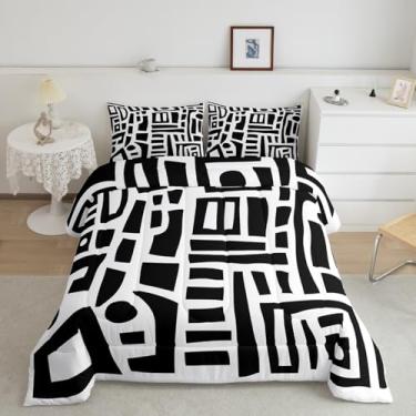 Imagem de jejeloiu Conjunto de edredom geométrico geométrico preto e branco, tamanho casal, geométrico, abstrato, geométrico, quadrado, respirável, arte moderna, conjunto de edredom