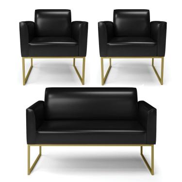 Imagem de Sofá Namoradeira Com 2 Poltronas Base Industrial Dourado Marisa Corano D03 - D\'rossi Cor Preto