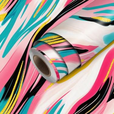 Imagem de HOMETITUTE Papel de parede abstrato moderno com pincelada vibrante, descasque e cole papel de parede 45 cm x 300 cm, revestimento de parede de vinil removível autoadesivo para quarto, cozinha