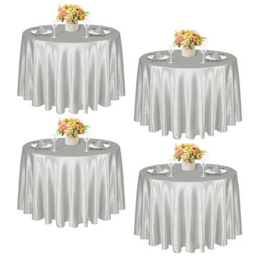 Imagem de KKJIAF Pacote com 4 toalhas de mesa redondas de 300 cm, prata acetinada, toalha de mesa de jantar de cetim sedoso para casamento, festa, banquete, restaurante, eventos formais