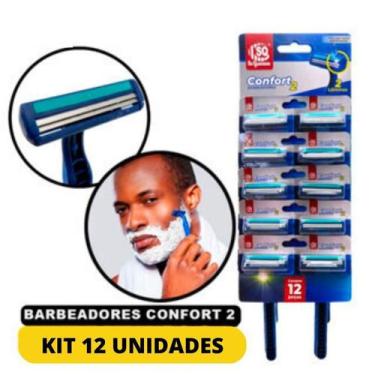 Imagem de Kit 12 Aparelhos De Barbear Cabo Emborrachado E Lâminas Dupla Azul Mas
