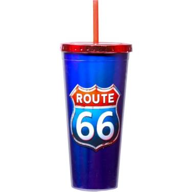 Imagem de Spoontiques Copo de alumínio Route 66 - Copo de acrílico de 590 ml com canudo - Tampa de bloqueio metálico - Isolamento de parede dupla e livre de BPA