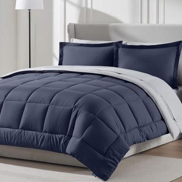 Imagem de Nestl Conjunto de edredom completo de 9 peças – Cama reversível azul-marinho em uma bolsa – Conjunto completo de cama de casal com lençóis, travesseiros alternativos de plumas, fronhas e fronhas