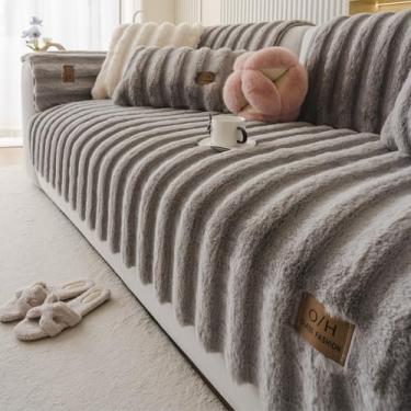 Imagem de Huierxun Capa de sofá felpuda de pelúcia grossa e macia para sofá, capa de almofada macia e peluda, antiderrapante, protetor de móveis com listras verticais para cães e gatos (cinza claro, 91 cm x 238