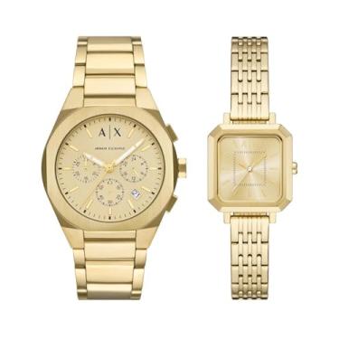 Imagem de Armani Exchange A|X Conjunto de relógio masculino e feminino de aço inoxidável dourado com cronógrafo sincronizado (modelo: AX7171SET)