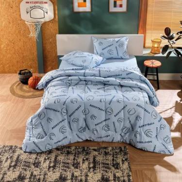 Imagem de Jogo de Cama Casal Juvenil Tema Basquete Azul Algodão Teka