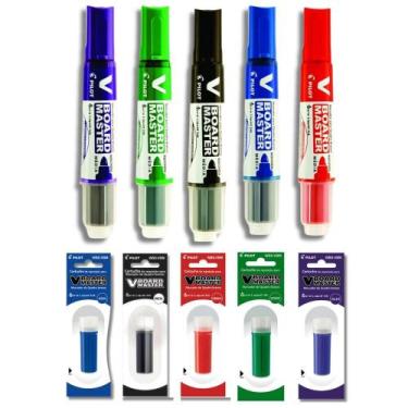 Imagem de Kit 5 Pincel Quadro Branco Recarregável PILOT + 5 Refil V-Board Master