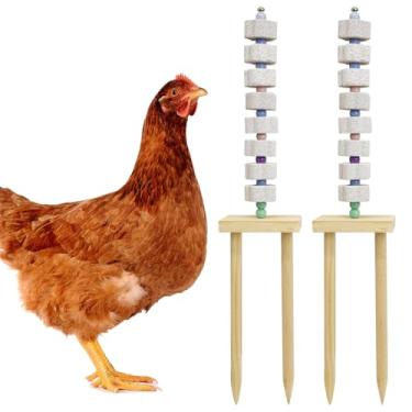 Imagem de Hamiledyi Pacote com 2 acessórios para galinheiro com pedra de cálcio e estaca de madeira, brinquedos de enriquecimento para galinhas, patos, gansos, calopsita, periquito, papagaio, periquito