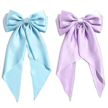 Imagem de 2 peças de laços de cabelo grandes para mulheres lenço de laço grande para menina barrete francês com fita de cetim de seda longa cor sólida laço grampo de cabelo simples Lady Barrettes prendedor de cabelo acessórios Scrunchies (azul e lilás)