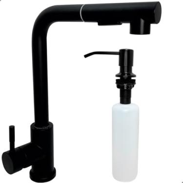 Imagem de Dona D Cor, Torneira Gourmet Preta E Dispenser De Detergente 350ml De Embutir Kit Cozinha Inox Lavanderia Ilha