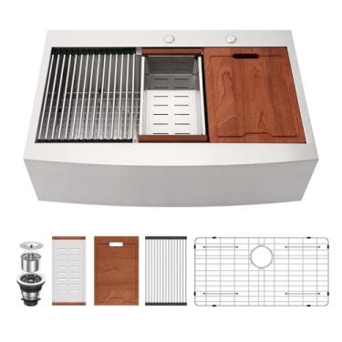 Imagem de Lordear 33 Drop In Farmhouse Sink Workstation 33 x 22 Drop In Farmhouse Kitchen Sink Avental de montagem superior frontal de aço inoxidável calibre 16 Pias de cozinha com borda única profunda