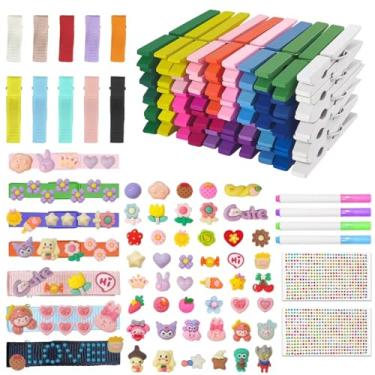 Imagem de Alfinetes de torcida Clipes espirituais de madeira coloridos prendedores de roupa para mochilas incluem 50 pinos de torcida de madeira, 10 clipes de cabelo de fita, 50 mini animais de resina, 2