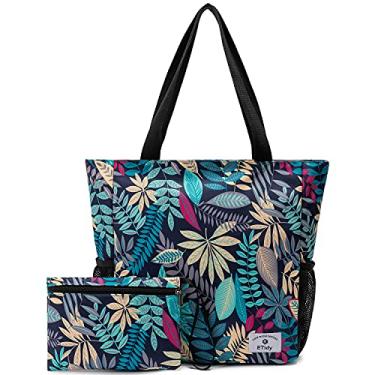 Imagem de ETidy Bolsa de grande capacidade dobrável com zíper impermeável e à prova de areia, bolsa de praia, bolsa de ginástica, bolsa de compras para viagem, Uso diário casual, Floresta tropical, Large