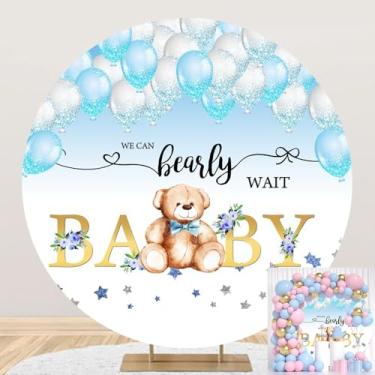Imagem de Urso de pelúcia redondo capa de pano de fundo balão azul marrom 2 m podemos esperar para encontrar você pano de fundo revelar gênero para chá de bebê recém-nascido círculo fotografia fundo cabine