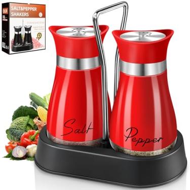 Imagem de Saleiro e pimenteiro, conjunto de saleiro e pimenteiro com suporte, alça galvanizada, dispensador de garrafa de vidro de aço inoxidável de 118 ml, para mesa, trailer, acampamento, churrasco (vermelho)