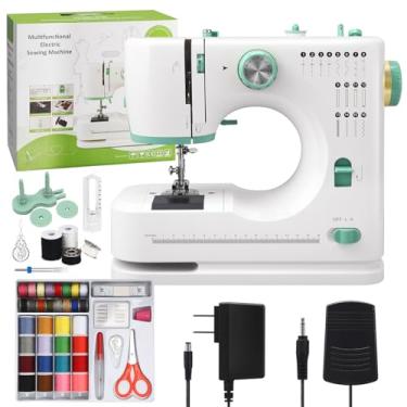 Imagem de Conjunto de mini máquina de costura para iniciantes, kit de 32 fios, 12 pontos embutidos, 2 velocidades, costura portátil multifuncional com pedal de pé, leve, máquina de acolchoamento de costura para