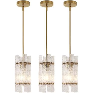 Imagem de Luminária pendente de cristal moderna para ilha da cozinha, mini lustre de vidro ondulado de luxo dourado, luminária suspensa quadrada moderna ajustável para sala de jantar e quarto (pacote com 3)