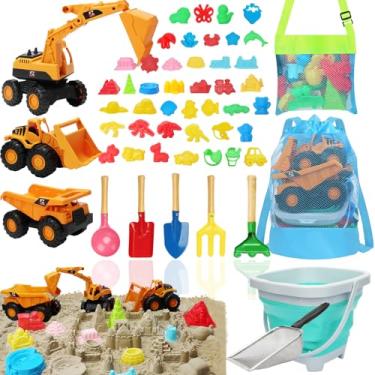 Imagem de Pacote com 54 brinquedos de areia de praia para crianças, kit de construção de castelo de caixa de areia com caminhões basculantes, balde de praia dobrável com moldes de areia de castelo, peneira de