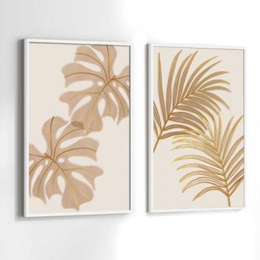 Imagem de Conjunto Quadros Decorativos com Moldura Folhas Marrom Bege Dourada Ki