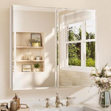 Imagem de TETOTE Armário de espelho de banheiro 91 x 81 cm com espelho chanfrado temperado, armário de medicamentos prateado, dobradiças DTC, prateleiras ajustáveis contínuas, embutidas/montadas na superfície