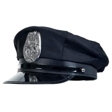 Imagem de ALVOGIMOR Chapéu de fantasia de policial, preto com emblema prateado, chapéu de polícia, boné de policial, cosplay, acessórios de festa de Halloween