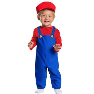 Imagem de IIMMER Toddler Boys Girls Plumber Outfit Rompers Long Sleeve Onesie Cotton Overall Red 24Months