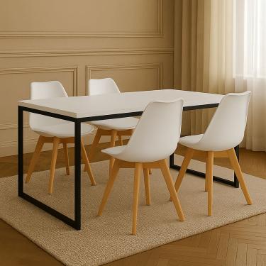 Imagem de Conjunto Mesa de Jantar Retangular 120x80cm com Tampo Branco e Estrutura em Aço Preto+4 Cadeiras Brancas Pés em Madeira