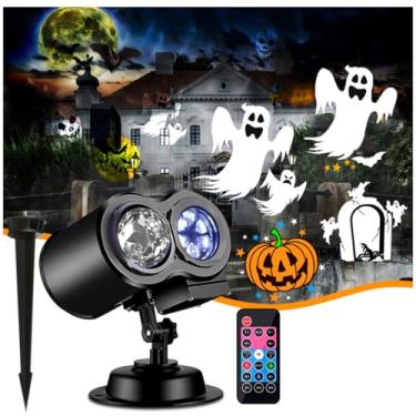 Imagem de Projetor externo, lâmpada de projeção tipo cartão de tubo duplo com 16 cartões coloridos de padrão substituíveis para Natal, feriado, aniversário, casamento, festa, jardim