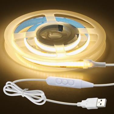 Imagem de Aclorol Fita de LED DC 5V USB COB 1,64 pés/0,5 m Luz de LED regulável 3000K branco quente com cabo de alimentação de 1,5 m flexível para quarto, cama, cabeceira, cozinha, casa, iluminação DIY 320 LEDs