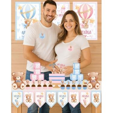 Imagem de Kit Festa Só um Bolinho Chá Revelação Ursinho Adesivo 56 itens