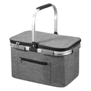 Imagem de Cesta de piquenique com alça e tampa acolchoadas, cesta reutilizável com bolso externo com zíper para piquenique (cinza)